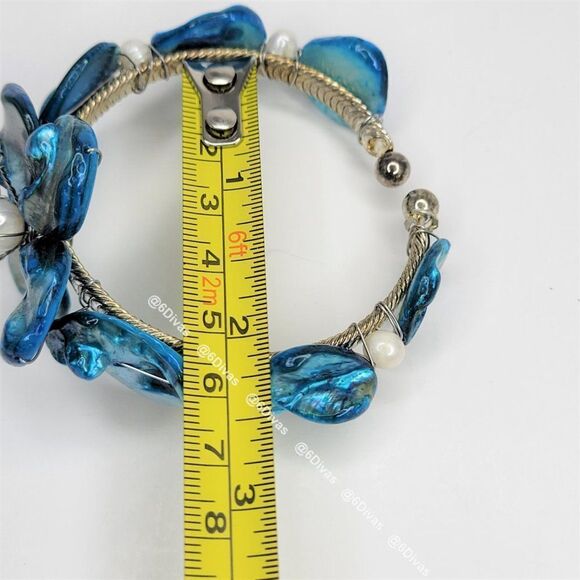 BLUE Sea Shell and Pearl Adjustable Cuff Bracelet - Picture 4 of 9
